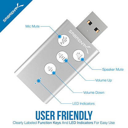 SABRENT Aluminum USB External 3D Stereo Sound Adapter for Windows and Mac. Plug and Play No Drivers Needed. [Silver] (AU-DDAS) - color: Silver