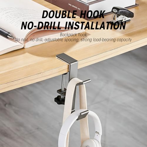 Headphone Holder for Desk, Double Hook Desk Hook, Bag Holder with Clamp for Table Desk Under Counter, Grey - color: Gray