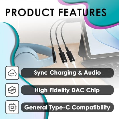 2 Pcs 3 In 1 USB C Aux Splitter Adapter, Type C To 3.5mm Charging Converter | Simultaneous Audio Playback And Fast Charging, Compatible With IPhone, Samsung, Huawei Mate, Stable Sound Transmission