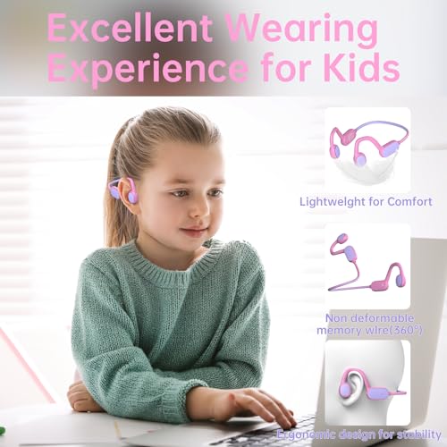 Mehomeli Kids Headphones, Bluetooth 5.2 Air Conduction Open Ear Headphones | 85dB Volume Limiting, Stereo Sound with Mic, IPX5 Waterproof, 20H Playtime, Perfect for School and Outdoor-Pink - color: PinK