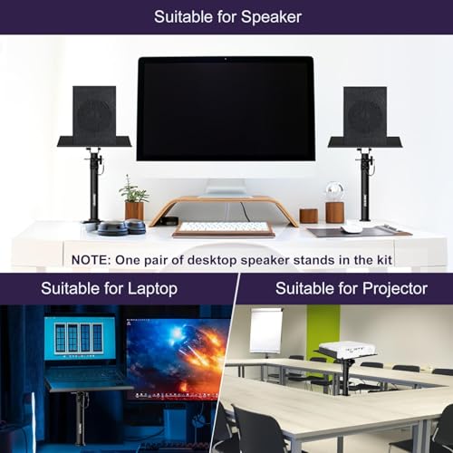 Clamp On Desktop Studio Monitor Speaker Stands Pair | Tilt & Height Adjustable, Heavy Duty, Universal Fit, for Music Booth, Subwoofer, Surround Sound, Bookshelf & Laptop