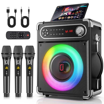 Karaoke Machine with 3 Wireless 0-Delay Microphones for Adults, Portable Bluetooth Speaker with 5.25" Woofer & 2" Tweeter, PA System Bass/Treble/Echo Control Supports TWS/FM/TV/AUX/USB/TF/REC - size: 3 Mics