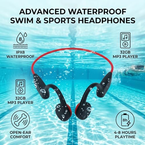 Bone Conduction Headphones Bluetooth, Water Proof Headphone with 32GB MP3 Player, IPX8, Bluetooth 5.4, Open Ear Sports Earphone for Swimming Running Cycling (Black Red) - color: Red