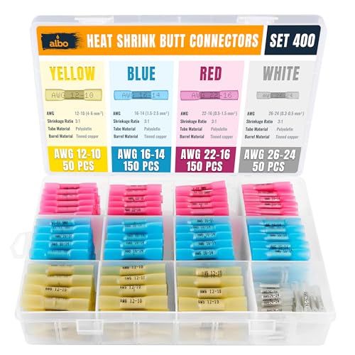 ALBO 400 Pcs Heat Shrink Butt Connectors for 26-10 AWG Electrical Wire | Strong Crimped Splices, Heat-Activated Seal Helps Block Moisture and Prevent Wire Pullout - color: Butt 400Pcs Set 26-10 AWG