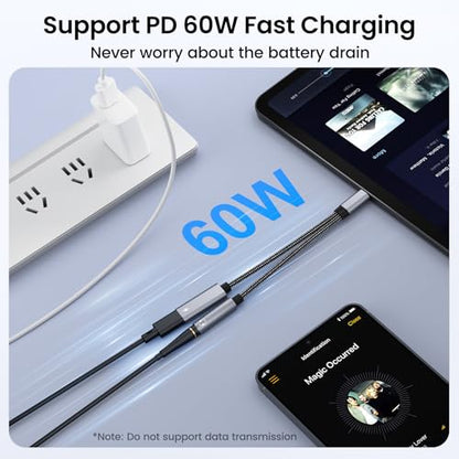 Samsung Galaxy S26 Headphone Adapter, USB C to AUX Mic Jack with PD 60W Fast Charging for Stereo, Earphones, Compatible with Samsung Galaxy S26/S26+/S26 Ultra/S25/S25+, Google Pixel 10/9 - color: Gray