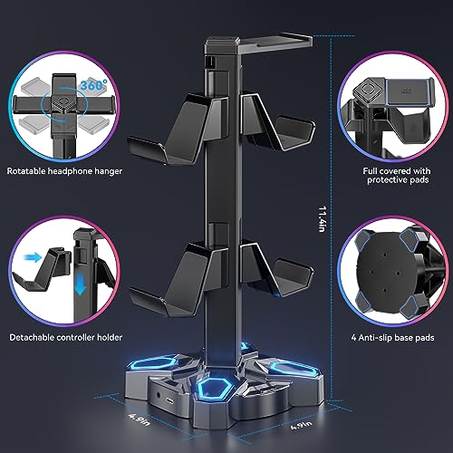 KDD Gaming Headphones Stand, Rotatable Headset Stand with Light Modes - Controller Holder with 2 USB Charging Ports and 3.5mm - Earphone Hanger Accessories for Desktop Gamer(Black) - color: Black