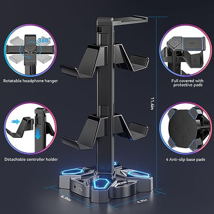 KDD Gaming Headphones Stand, Rotatable Headset Stand with Light Modes - Controller Holder with 2 USB Charging Ports and 3.5mm - Earphone Hanger Accessories for Desktop Gamer(Black) - color: Black