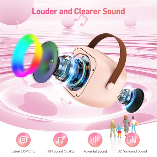 Karaoke Machine for Kids Adults, Mini Portable Bluetooth Karaoke Speaker with 2 Wireless Microphone and Lights, Christmas Birthday Gifts for Girls Ages 4, 5, 6, 7, 8, 9, 10, 12+ Family Home Party - color: P-ink