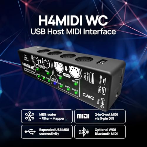 CME H4MIDI WC Advanced USB Host MIDI Interface | Router, Filter, Mapper, Optional WIDI Bluetooth MIDI, Standalone 9V Power Mode, For Guitarists and Producers