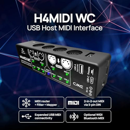 CME H4MIDI WC Advanced USB Host MIDI Interface | Router, Filter, Mapper, Optional WIDI Bluetooth MIDI, Standalone 9V Power Mode, For Guitarists and Producers