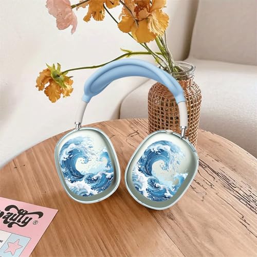 Blue Sea Waves Clear Case for Airpods Max Headphones Unique Ocean Print Soft TPU Ear Cups Cover Anti-Scratch Silicone Ear Pad Protective Case 53 Headband Cover for Apple Airpods Max - color: Blue waves 01