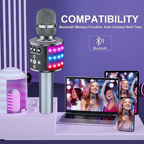 BONAOK Karaoke Microphone for Kids & Adults - Bluetooth Microphones Singing Mic with Disco Lights, Echo Effect, Built-in Speaker Portable Karaoke Player for Party Travel Gifts Q78(Space Gary) - color: Space Gary
