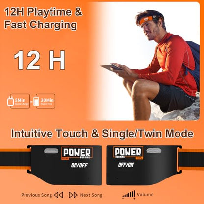 Headband Headphones & Open-Ear Headband with HD External Speakers, Bluetooth Sport Headphones for Running, Walking, Fitness, Breathable Sweat-Wicking Band with LED Headlamp, 12H Playtime, Orange