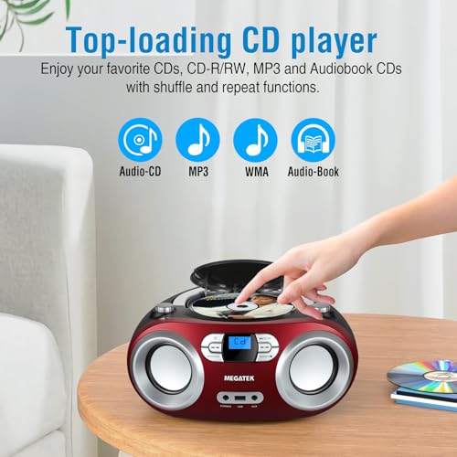 MEGATEK Portable CD Player Boombox with Bluetooth & FM Radio – Cherry Red | USB Playback, Clear Stereo Sound, AUX Input, Headphone Jack, CD-R/RW & MP3-CD Support, LCD Display, AC/Battery Powered - color: Cherry Red