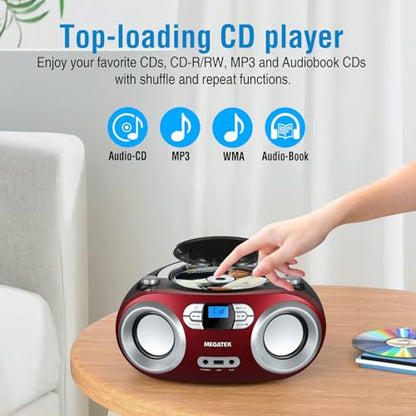 MEGATEK Portable CD Player Boombox with Bluetooth & FM Radio – Cherry Red | USB Playback, Clear Stereo Sound, AUX Input, Headphone Jack, CD-R/RW & MP3-CD Support, LCD Display, AC/Battery Powered - color: Cherry Red