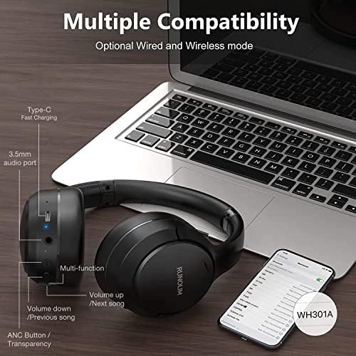 RUNOLIM Hybrid Active Noise Cancelling Headphones, Wireless Over Ear Bluetooth Headphones with Microphone, 100H Playtime, Foldable Headphone with HiFi Audio, Deep Bass for Home Travel Office - color: Black