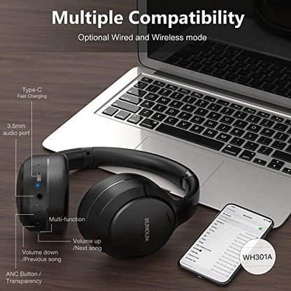 RUNOLIM Hybrid Active Noise Cancelling Headphones, Wireless Over Ear Bluetooth Headphones with Microphone, 100H Playtime, Foldable Headphone with HiFi Audio, Deep Bass for Home Travel Office - color: Black