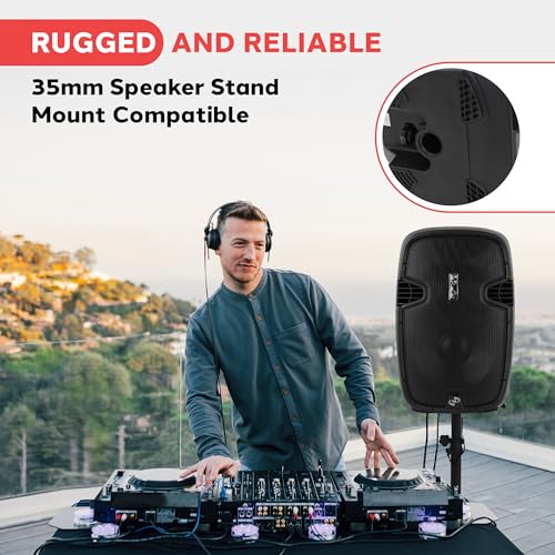 Pyle PPHP155ST Wireless Portable PA Speaker System - 1500W High Powered Bluetooth Compatible Active Outdoor Sound Speakers w/ USB SD MP3 RCA - 35mm Mount, Stand, Microphone, Power Cable, Black, 15"