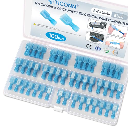 TICONN 100 Pcs Nylon Spade Quick Disconnect Connectors Kit, Electrical Insulated Terminals, Male and Female Spade Wire Crimp Terminal Assortment Kit (Blue AWG 16-14) - style: Blue 100Pcs