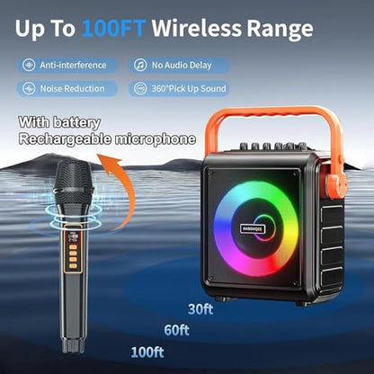 Karaoke Machine with 2 Wireless Microphones for Adults & Kids, 8000mAh Portable Bluetooth Speaker PA System with Lights, Supports AUX in/TF Card/FM/REC, Microphone Speaker Set for Home Party, Outdoor
