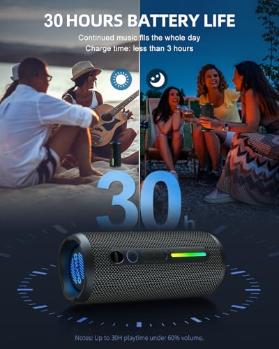 OHAYO Portable Bluetooth Speaker, IPX7 Waterproof, 24W Stereo Bass, LED Lights, Black