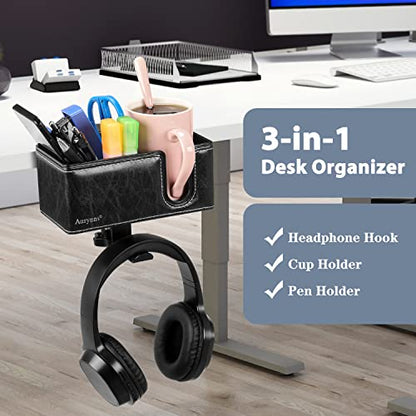Under Desk Cup Holder Clamp on Cup Holder PU Leather Clip on Desk Organizer | Desk organizer with pencil holder clamp on side, under desk hanging organizer, clip on cup holder desk phone stand holder PU - color: Black