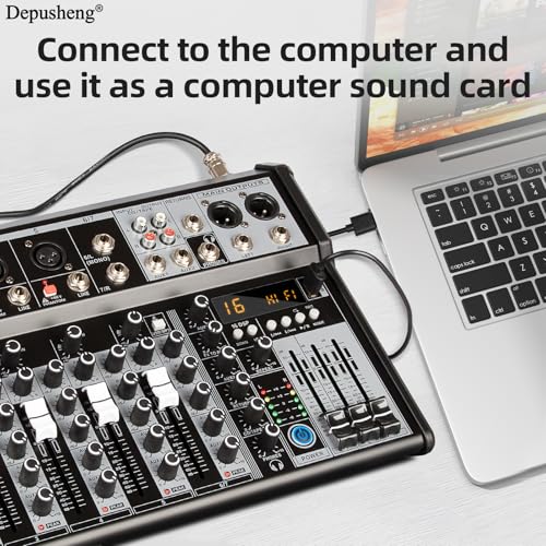 Depusheng Professional Audio Mixer, 7 Channel Audio Interface Sound Board Mixing Console System, 16-Bit DSP DJ Bluetooth Mixer +48V Phantom Effect For Karaoke Studio Streaming Recording (XT7)