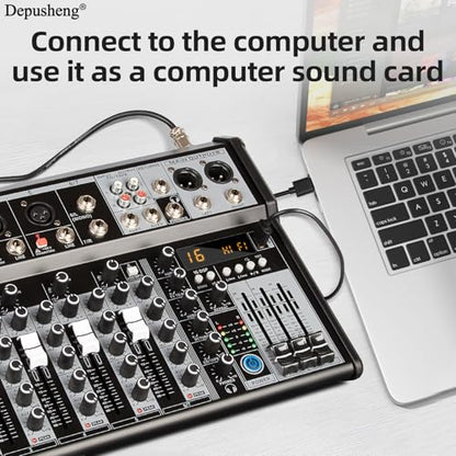 Depusheng Professional Audio Mixer, 7 Channel Audio Interface Sound Board Mixing Console System, 16-Bit DSP DJ Bluetooth Mixer +48V Phantom Effect For Karaoke Studio Streaming Recording (XT7)