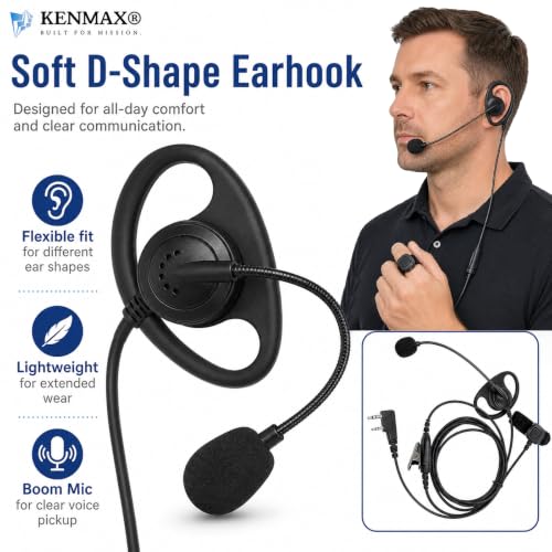D-Shape Earpiece with Boom Mic and Finger PTT for Baofeng UV-5R BF-888S UV-82 and Kenwood 2-Pin Radios, K-Plug Earhook Headset for Two-Way Radio