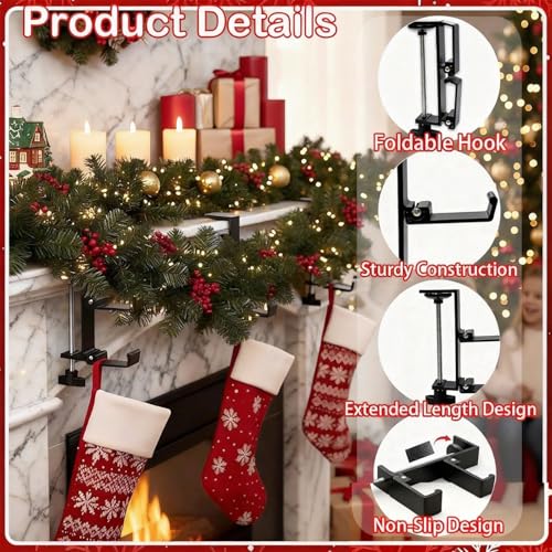 Fireplace Stocking and Garland Hanger, 2 in 1 Mantel Hanger for Garland, Fireplace Stocking Holders for Mantle Garland Hooks for Xmas Holiday Home Party Decoration,Fits 0.31”-3.9”Mantles (White, 4) - style: Fold 4 White