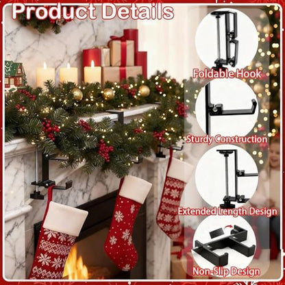 Fireplace Stocking and Garland Hanger, 2 in 1 Mantel Hanger for Garland, Fireplace Stocking Holders for Mantle Garland Hooks for Xmas Holiday Home Party Decoration,Fits 0.31”-3.9”Mantles (White, 4) - style: Fold 4 White