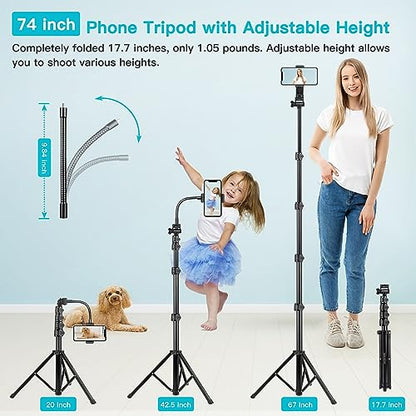 74" Flexible Phone Tripod, Tall Cell Phone Tripod with Adjustable Gooseneck & Remote, Portable Camera Cellphone Stand for Video Recording, Compatible with iPhone Android - size: 74 inch