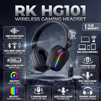 RK ROYAL KLUDGE HG101 Wireless Gaming Headset, 7.1 Surround Sound, Stereo Wired Headphones with Retractable Mic, Bluetooth 5.3, RGB, Memory Foam Ear Pads, Works with PC, PS4, PS5, Switch, Black - color: Black