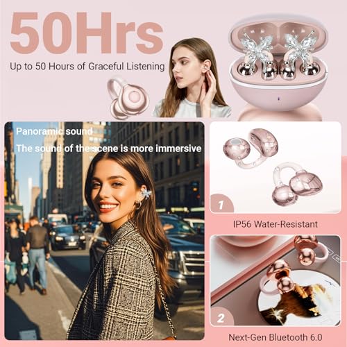 2026 New Jewelry-Inspired Clip-On Earbuds with Detachable Sparkle Butterfly Earrings, Bluetooth 6.0, Cute Wireless Headphones for Women, 50H Playtime, Low Latency, Sports & Workouts (Rose Gold) - color: Rose Gold