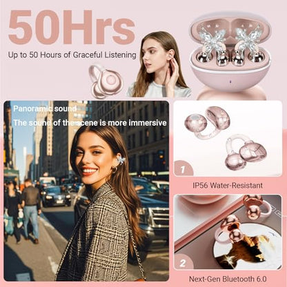2026 New Jewelry-Inspired Clip-On Earbuds with Detachable Sparkle Butterfly Earrings, Bluetooth 6.0, Cute Wireless Headphones for Women, 50H Playtime, Low Latency, Sports & Workouts (Rose Gold) - color: Rose Gold