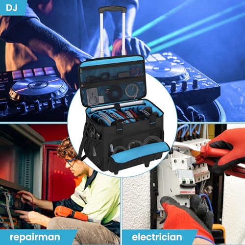 Rolling DJ Cable File Bag, DJ Gig Bag Padded Case with Detachable Trolley & Dividers, Cable Organizer with Multi-pocket & Compartment for 15.6'' Laptop, DJ Gear, Musical Instrument, Sound Equipment