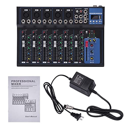 Portable Audio Mixer 7-channel Mixer with 6 Music Modes Three-band Equalization Bluetooth Mixer Dj Mixer, Interface|USB|Bluetooth Connectivity,48V Phantom Power,Monitor Function (5 microphone input)