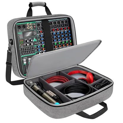 Audio Mixer Case, Gray Mixer Bag with Adjustable Dividers, Secure Straps, Multiple Pockets, Luggage Strap, 15.5 x 13 x 6 in, 0.4 in Padding Podcast Mixer Case