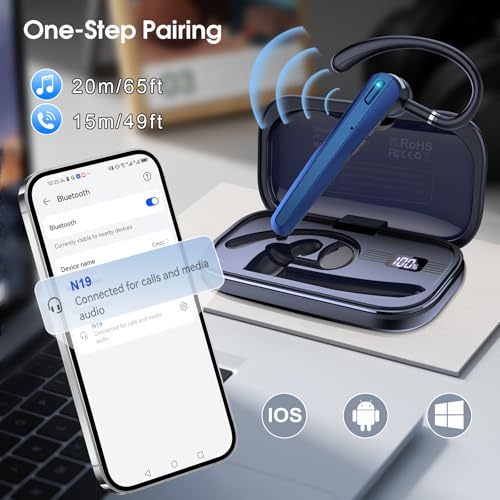 Bluetooth Headset V5.3, Wireless Headset with ENC Noise Canceling Mic | 120Hrs Talk Single-Ear Bluetooth Earpiece, LED Display, IP7 Waterproof Hand-Free Earphone for Business/Trucker, Dark Blue - color: Dark Blue