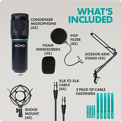 Movo PodPak4A 4-Pack Universal XLR Condenser Microphone Podcast Equipment Bundle for 4 - Includes Cardioid Mics, Desk Mount Stands, Shock Mounts, Pop Filters, and Audio Cables - Podcasting, YouTube - style: 4 Pack