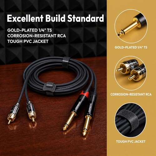 Dual 1/4 TS to Dual RCA Cable 6ft, OFC 24K Gold-Plated Multi-Layer Shielded Noise-Free Audio Interconnect for Home Studio, DJ Mixer, Amplifier – for Pioneer DJ, Yamaha, Focusrite Scarlett