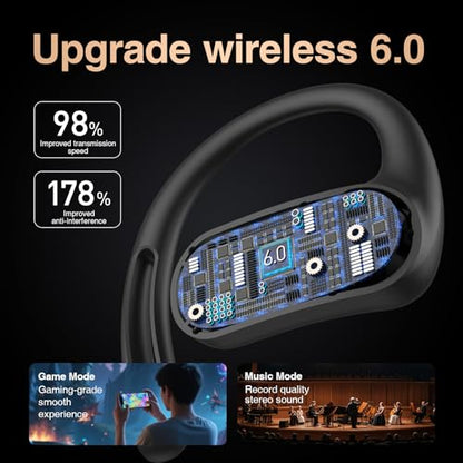 Open Ear Headphones,Silicone Ear Hanger,360-Degree Panoramic Sound,Air Conduction, LED Display,IPX7 Waterproof, Wireless Earbuds for Meeting, Driving,Traveling (Black)