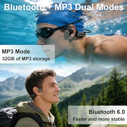 Fanisic Lap Swimming Headphones/Earbuds, Bluetooth 6.0 & MP3 with 32GB Memory IP68 Waterproof Bone Conduction Headphones, Underwater Open Ear Headphones-PureBlack - color: PureBlack