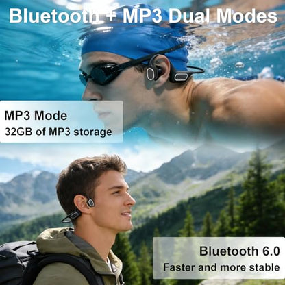Fanisic Lap Swimming Headphones/Earbuds, Bluetooth 6.0 & MP3 with 32GB Memory IP68 Waterproof Bone Conduction Headphones, Underwater Open Ear Headphones-PureBlack - color: PureBlack
