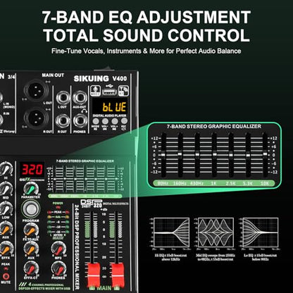 4 channel professional portable mixer, 320 DSP effects + 48V phantom power, Bluetooth sound card + 7-Band Eq Output, for PC recording, karaoke studio effects, and streaming playback