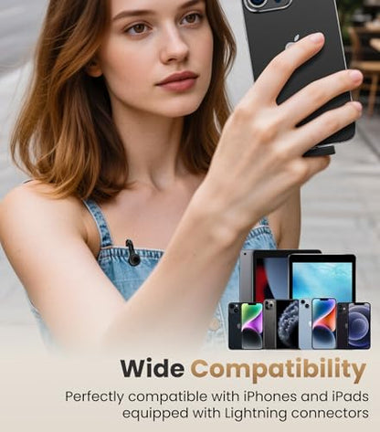 Tisino Wireless Mini Clip-on Microphone for iPhone, Vlog/Interview, Black | Plug-and-Play Wireless Lapel Mic with Noise Reduction, Mini Clip-on Microphone for YouTube TikTok Vlog Interview, Lightning - color: Black