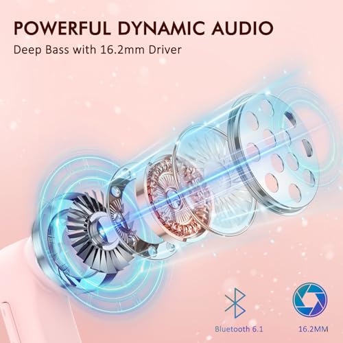 Wireless Earbuds, Bluetooth 6.1 Headphones with 120H Playtime LED Display Case, Noise Canceling Earbud with Easy Button Controls Earpiece Waterproof for Running Workout Gym Cherry Blossom Pink