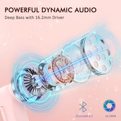 Wireless Earbuds, Bluetooth 6.1 Headphones with 120H Playtime LED Display Case, Noise Canceling Earbud with Easy Button Controls Earpiece Waterproof for Running Workout Gym Cherry Blossom Pink