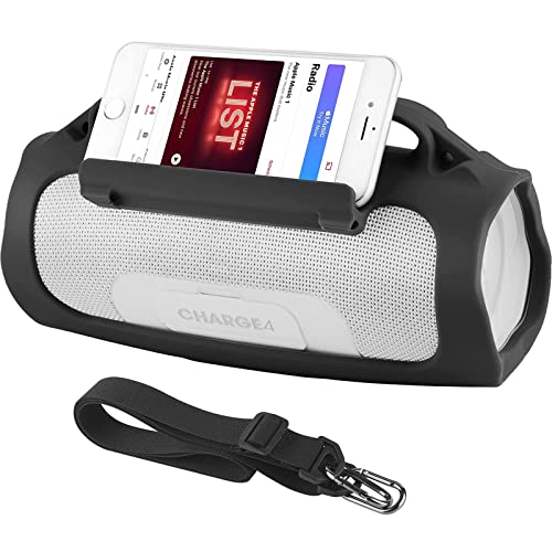 Silicone Case for JBL Charge 4 Portable Waterproof Speaker, Travel Carrying Case Protective Pouch Cover with Handle Adjustable Shoulder Strap and Phone Holder Stand (Black) - color: Black