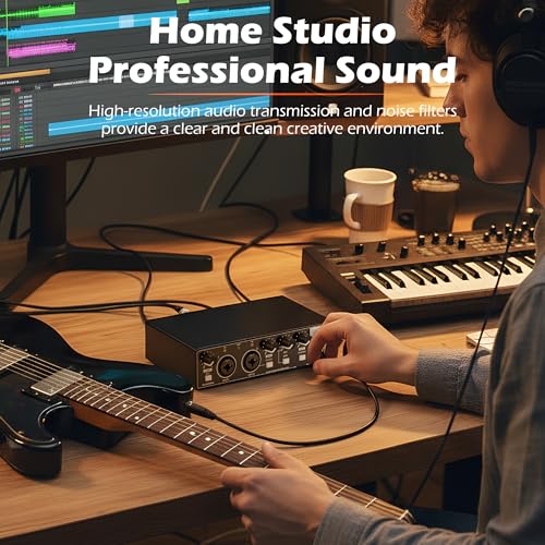 USB Audio Interface for PC Recording, 24-bit/192kHz Computer Audio Interface for Recording Music, 48V Phantom Power Music Recording Studio Equipment, for Home Studio Guitar Podcast Streaming